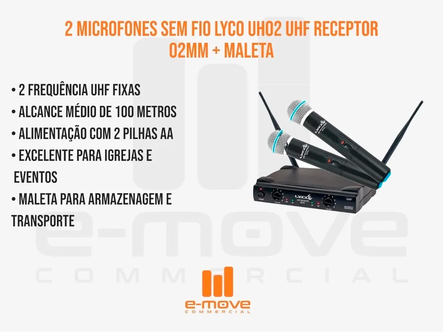 Descrição com atributos e imagem do conjunto microfones sem fio Lyco UH02 UHF com maleta preta.
