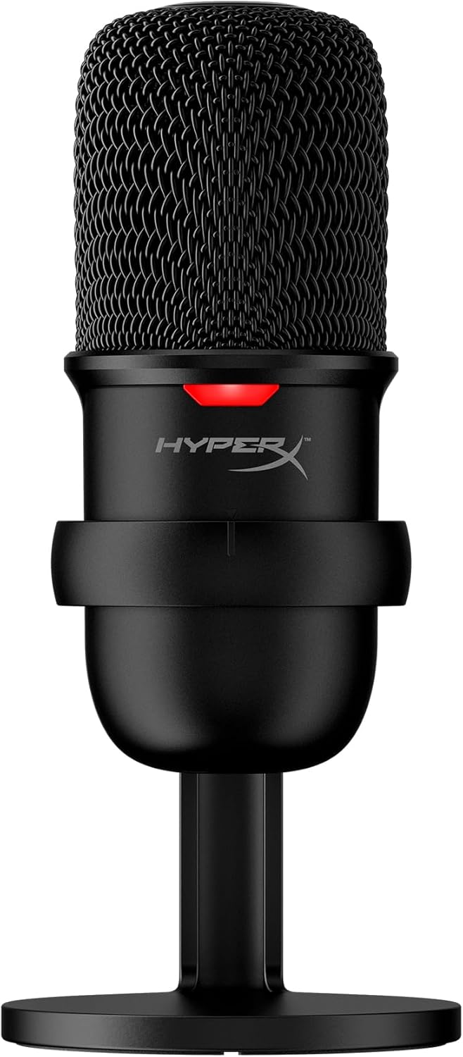 Microfone condensador USB HyperX Solocast preto com base e indicador LED vermelho
