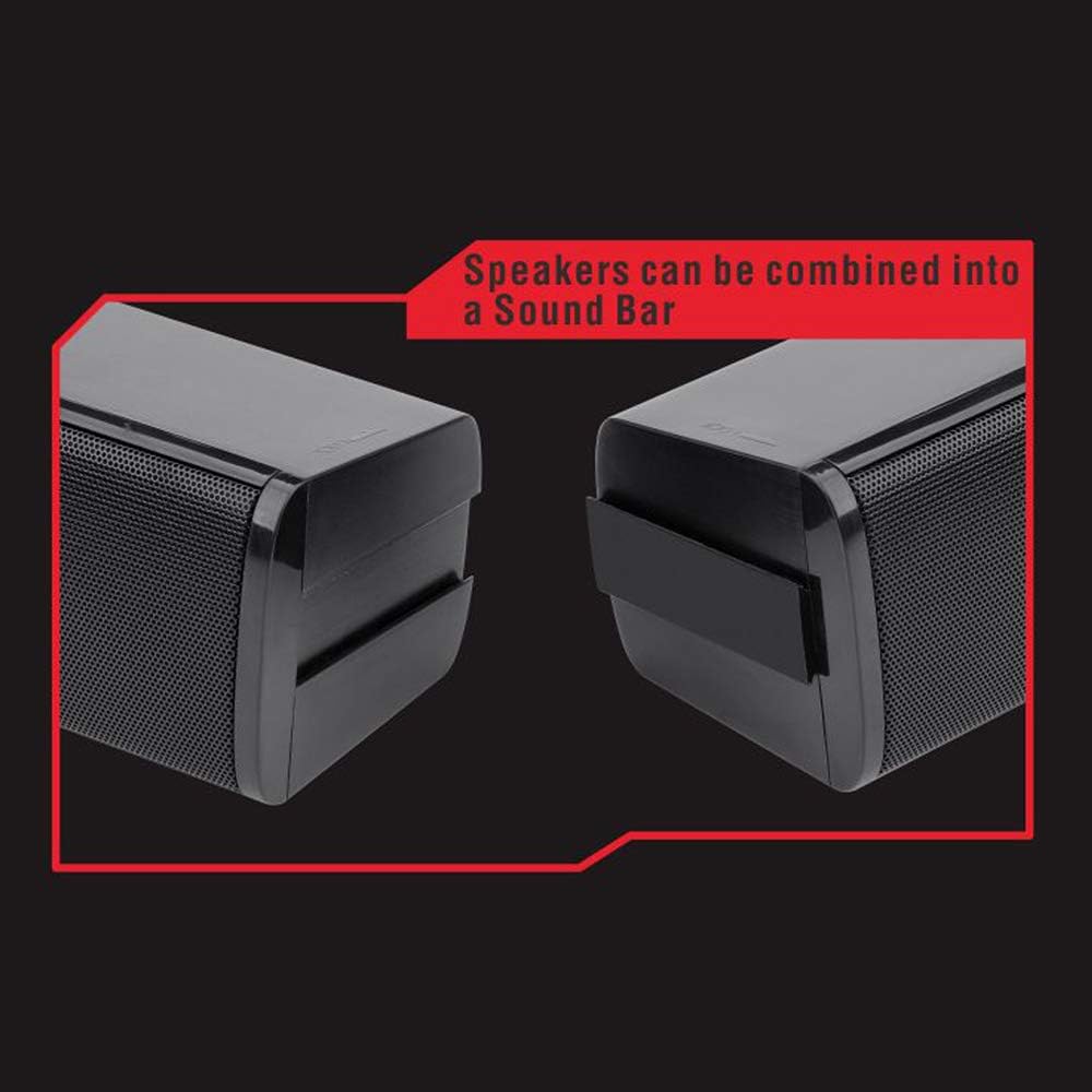 Detalhe do botão de volume e entradas de áudio do Redragon Orpheus GS550 com LEDs vermelhos.