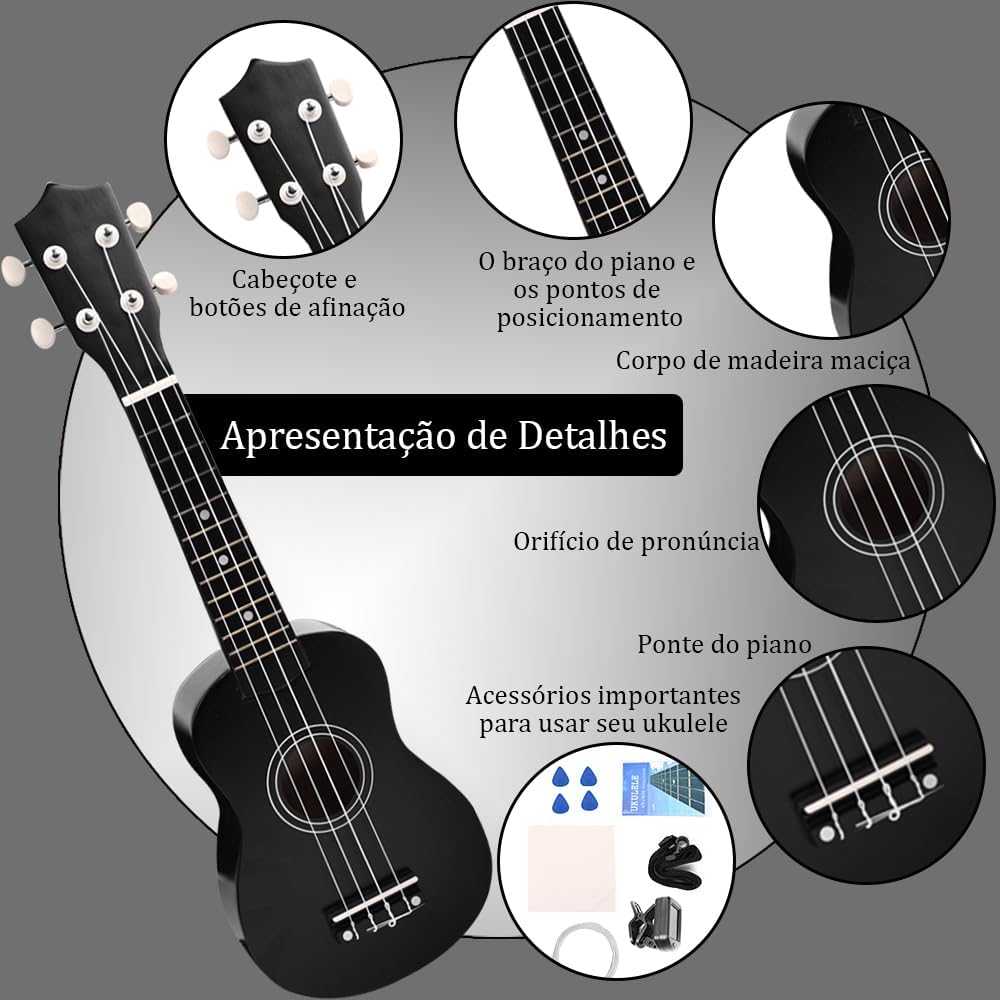 Detalhes do ukulele soprano 21 polegadas preto com corpo de madeira maciça e acessórios inclusos.