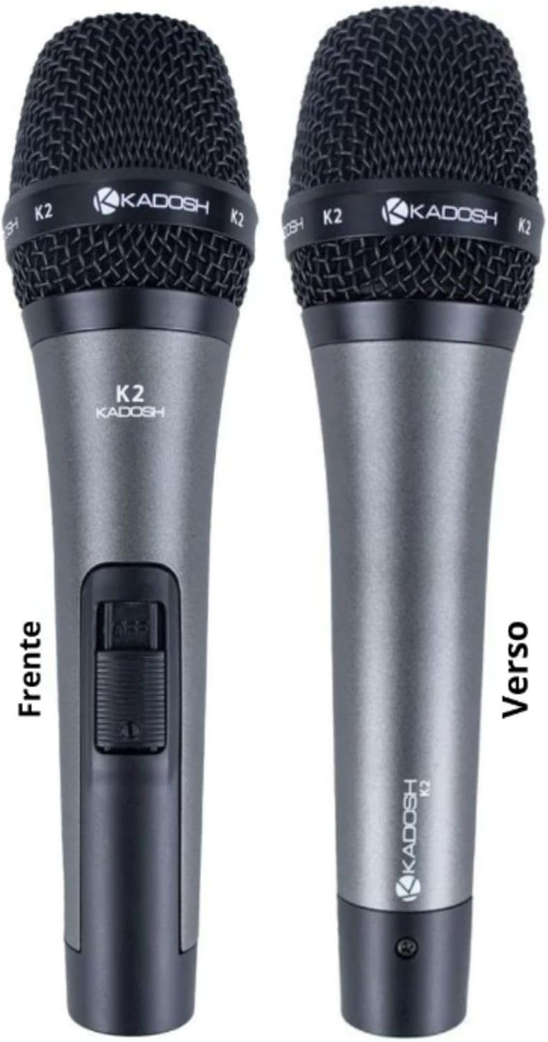 Conjunto de microfones Kadosh K-2 mostrando vista frontal com on/off e verso sem botão.