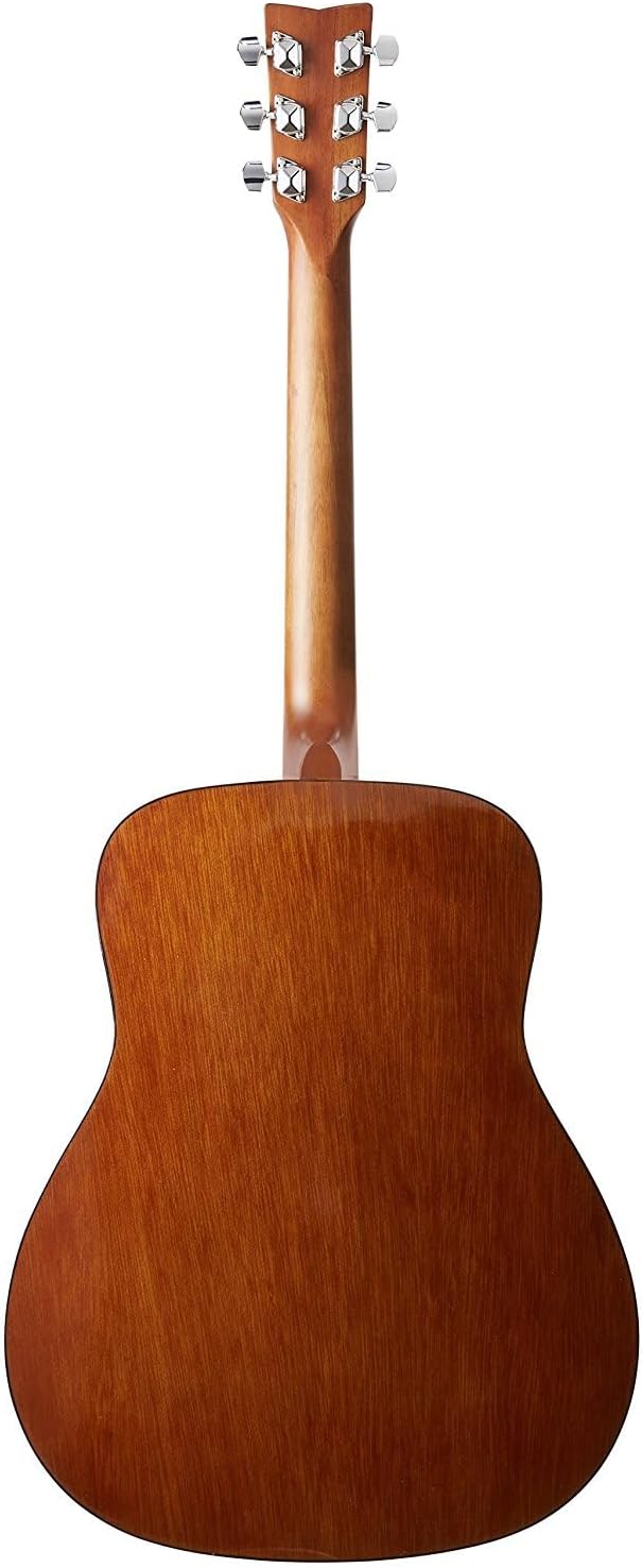Parte traseira da guitarra acústica Yamaha F310 acabamento marrom natural madeira vista de costas