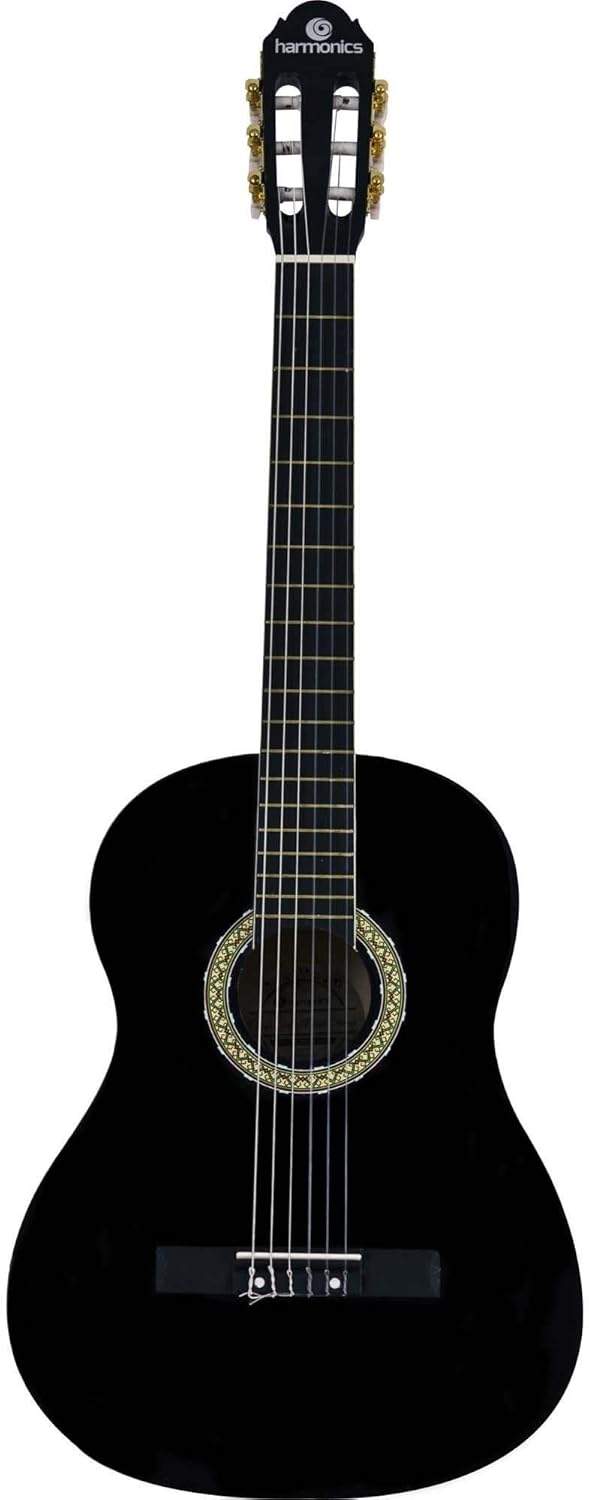 Violão Harmonics GC-10BK Nylon Preto com Verniz Brilhante, visto de frente, mostrando roseta e tarraxas douradas.
