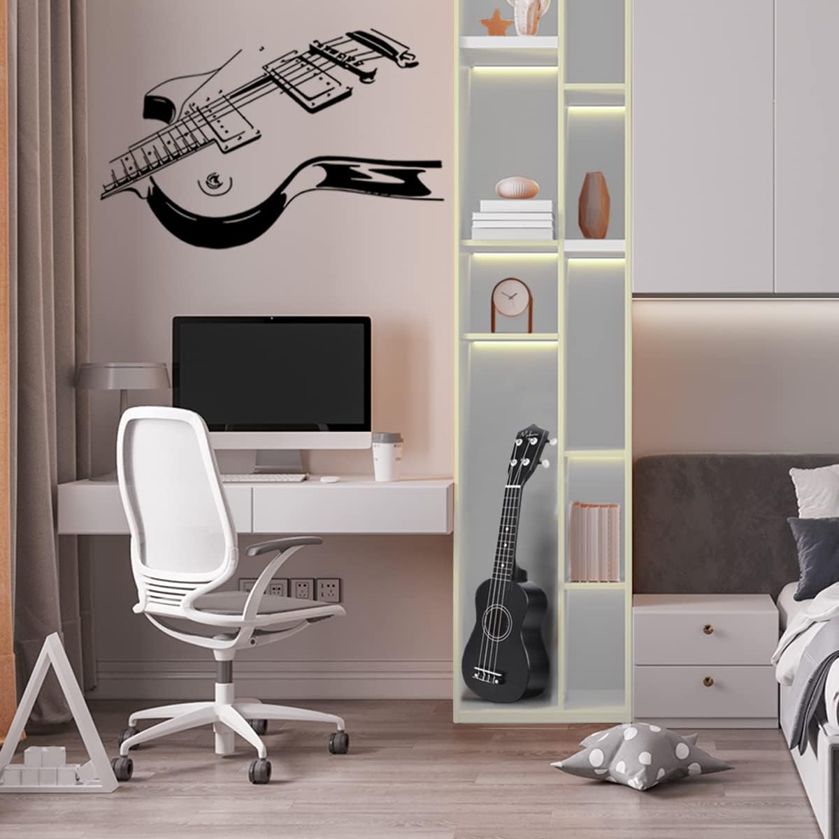 Ukulele soprano acústico preto Makanu 01UK em estante iluminada em ambiente de quarto moderno com decoração musical.