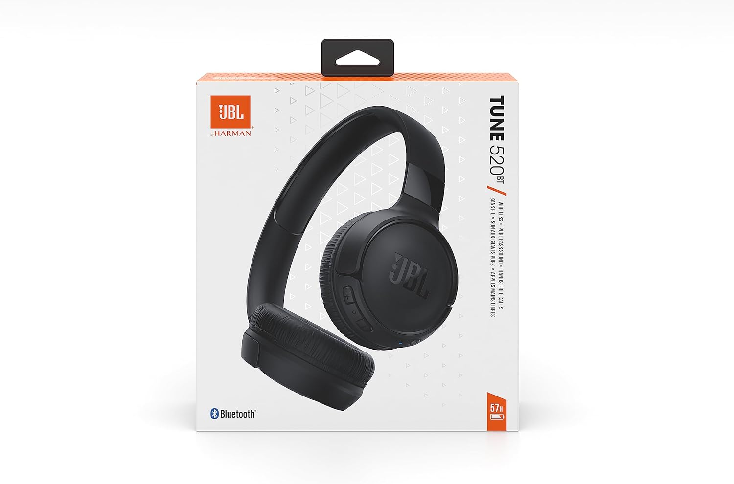 Embalagem do fone JBL Tune 520BT Bluetooth preto com destaque para 57 horas de bateria e conexão Bluetooth