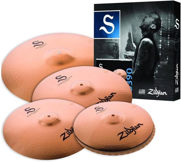 Kit pratos bateria Zildjian S390 em liga B12 acabamento bronzeado com caixa preta personalizada.