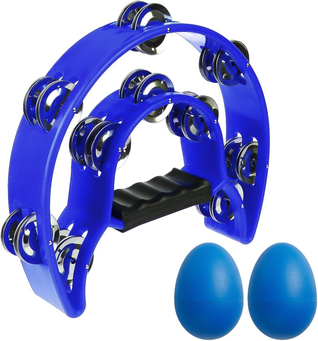Tambor de percussão TENINYU pandeiro Half Moon azul com fileira dupla de platinelas e alça ergonômica preta