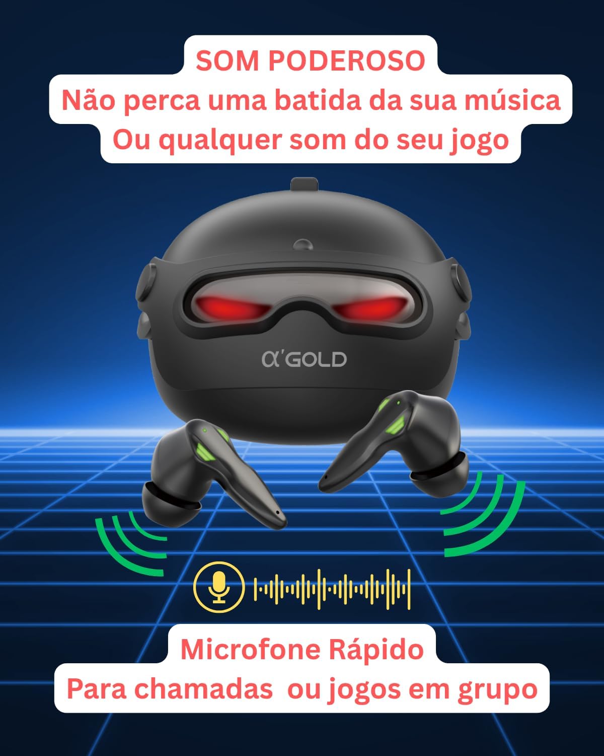Fone A'Gold FN-B48 TWS com som poderoso e microfone rápido para chamadas e jogos.