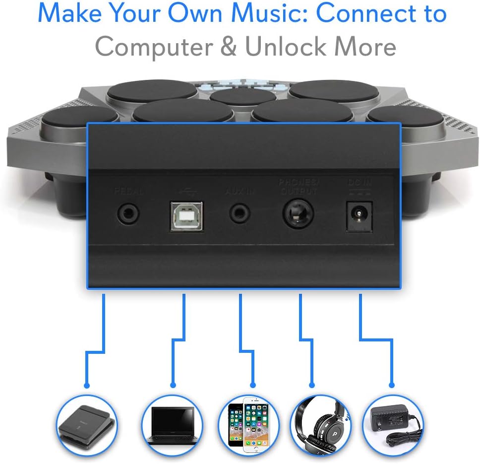 Conectores traseiros da bateria eletrônica Pyle PTED06 para USB, pedal, auxiliar, fone e fonte