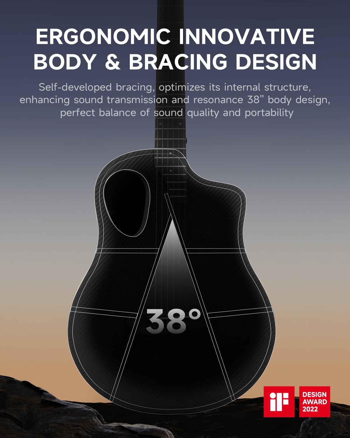 Design ergonômico e inovador com corpo angular de 38 graus da guitarra Donner RISING-G1