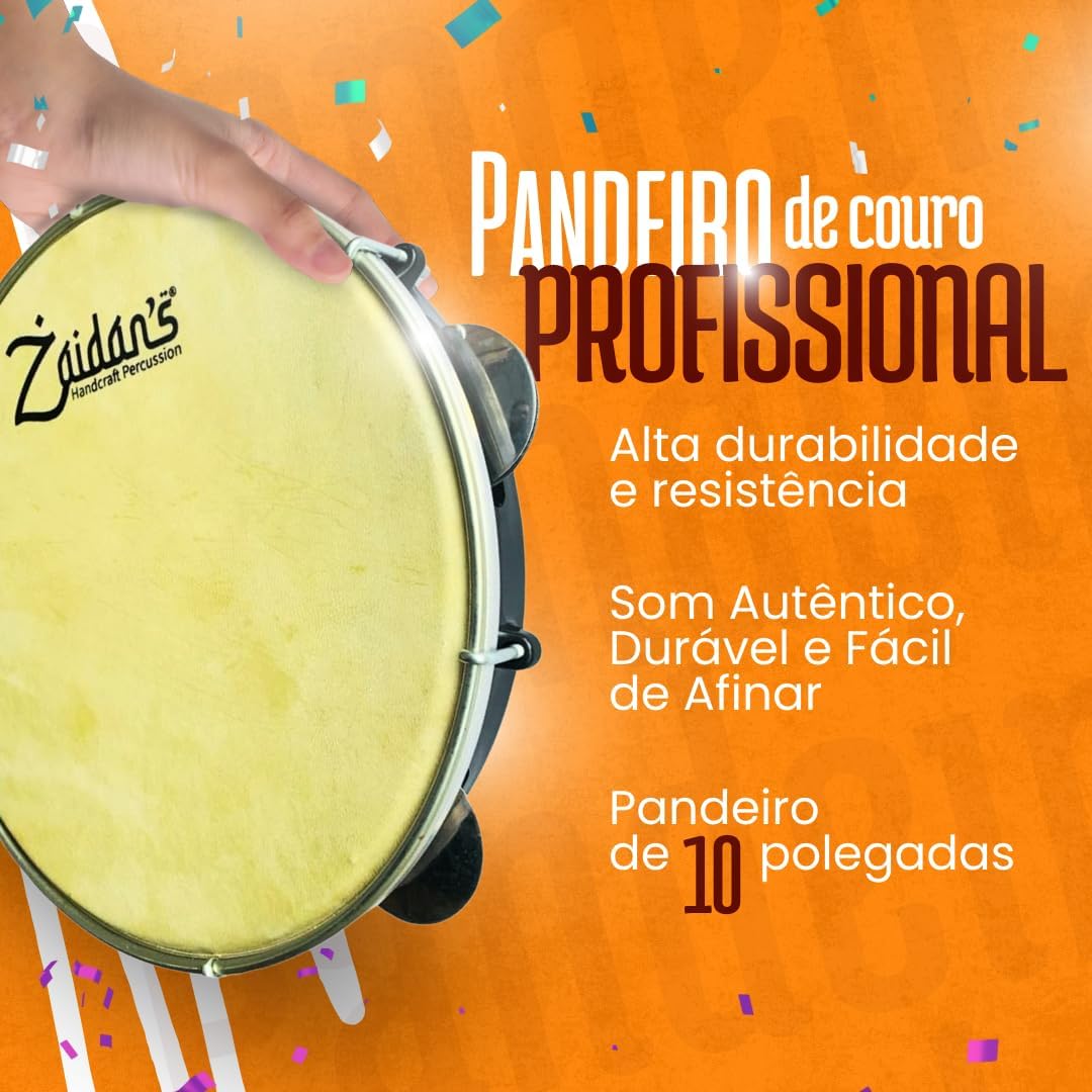 Pandeiro Zaidan's profissional 10 polegadas com couro caprino, alta durabilidade e resistência, fácil de afinar.