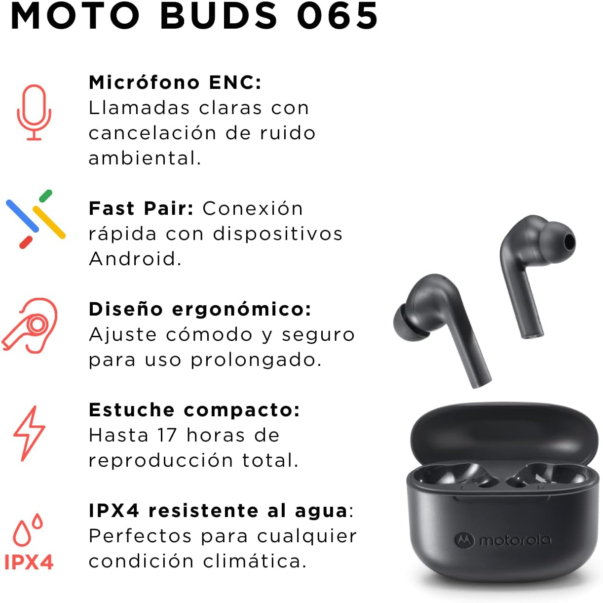 Atributos do Motorola Moto Buds 065 fones Bluetooth com estojo e texto em espanhol