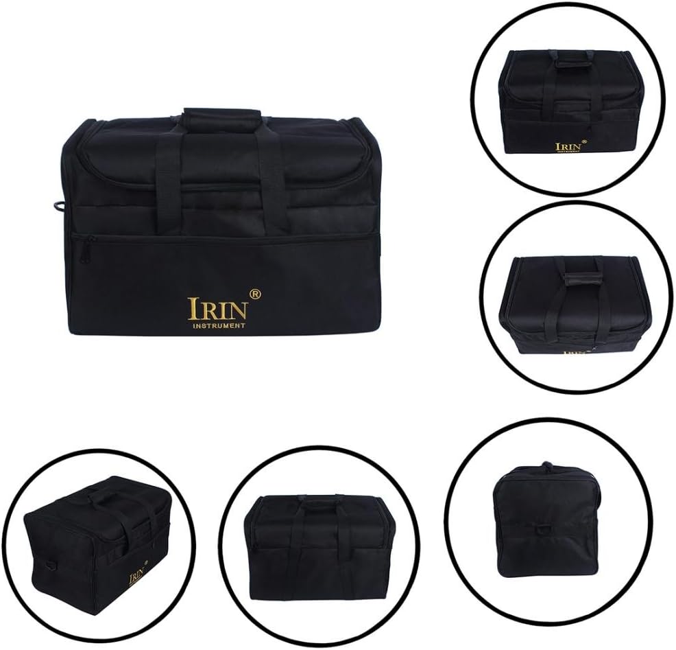 Bolsa preta para cajón com logo IRIN exibida em diferentes ângulos