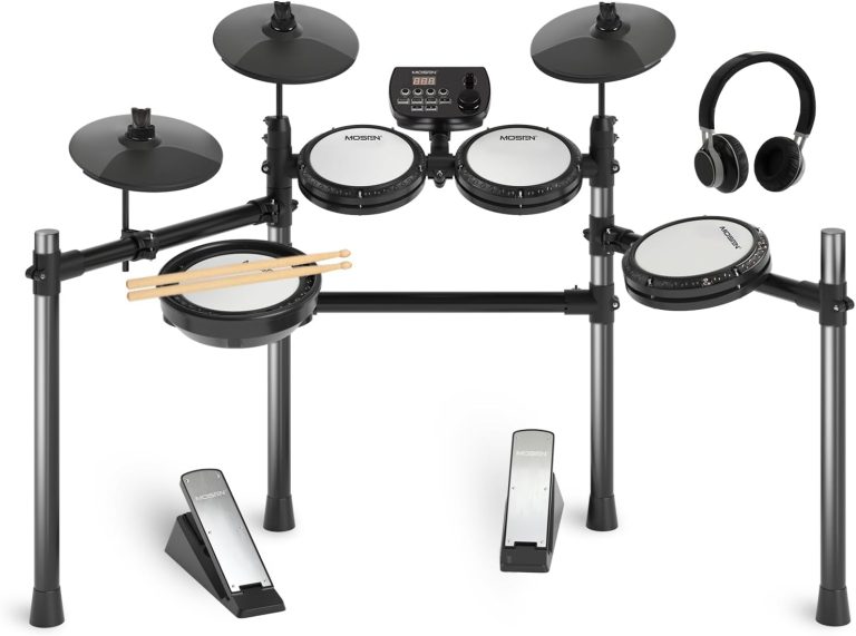 Bateria eletrônica MOSEN MED-X3 com pads de malha e pratos de silicone, controle digital, dois pedais e fone de ouvido.