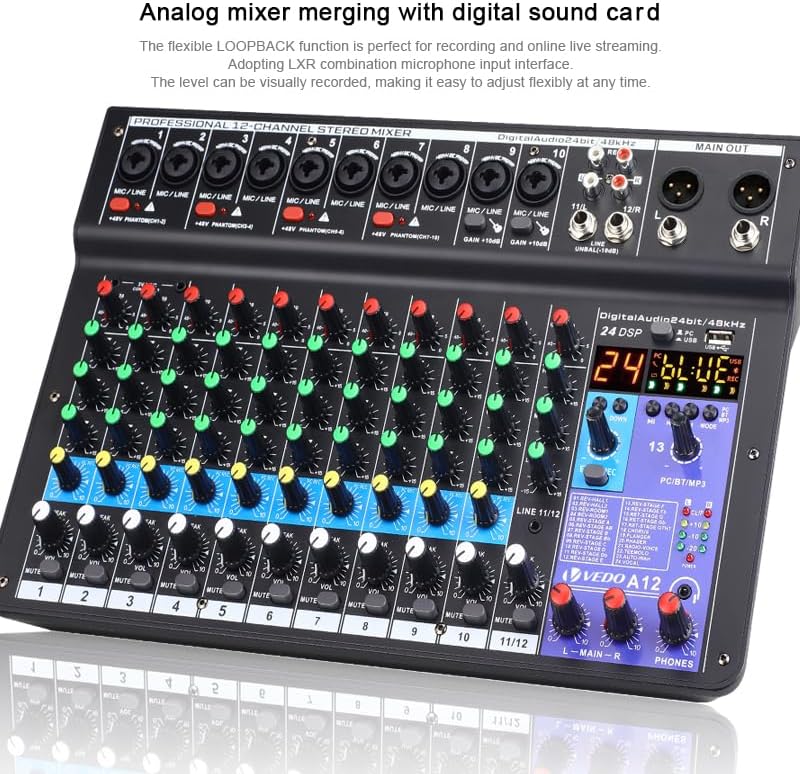Mesa de som digital VEDO A12 com função Loopback, interface LXR e ajustes visuais de áudio para gravação e streaming