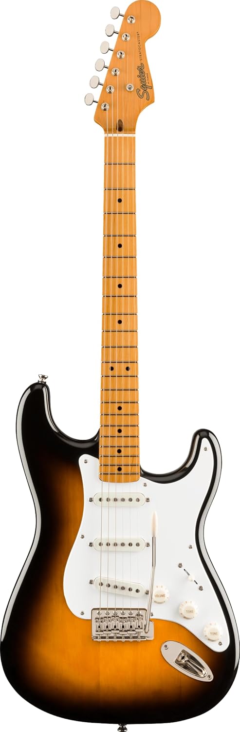 Squier Classic Vibe '50s guitarra corpo sólido sunburst brilhante com três captadores single-coil e braço maple.