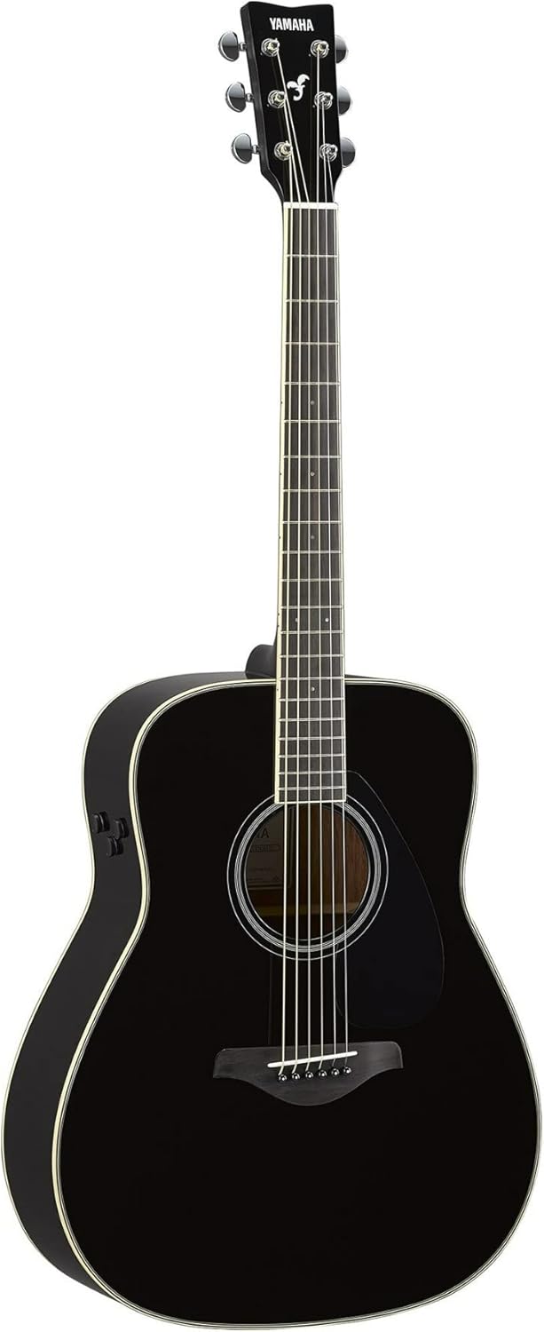 Violão acústico Transacoustic Yamaha FG TA BL preto com cordas em aço visto de frente