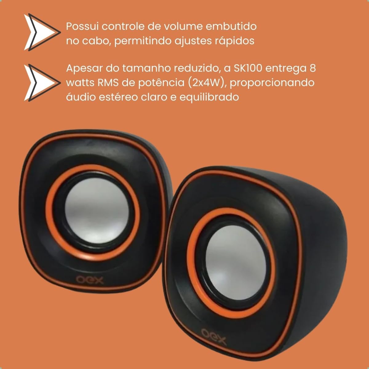 Caixas de som OEX SK100 com descrição de controle de volume embutido e potência de 8 watts RMS em fundo laranja.