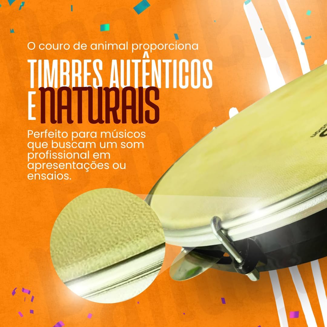 Pandeiro Zaidan's profissional com couro caprino natural que oferece timbres autênticos e naturais para músicos profissionais.