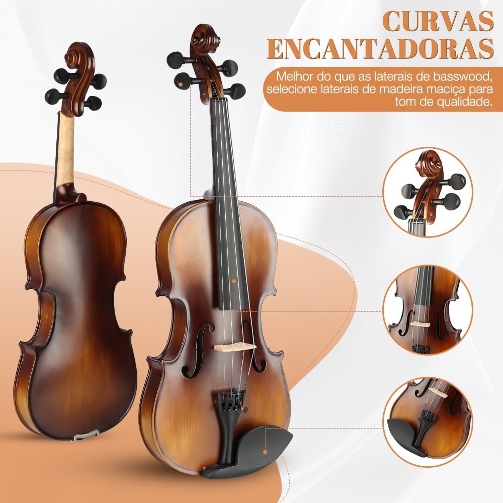 Detalhes das curvas e qualidade da madeira maciça do violino 3/4 profissional.