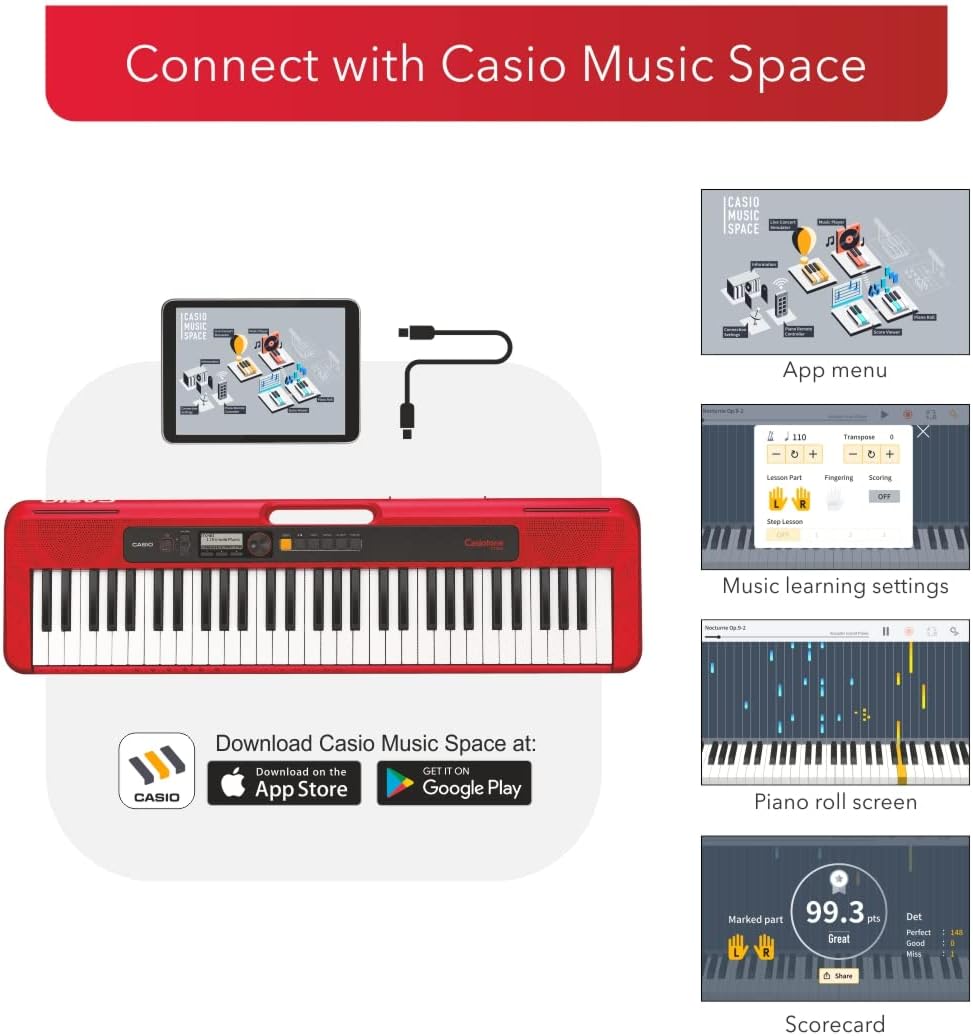 Casio CT-S200Rdc2 conectado ao app Casio Music Space mostrando interface de aprendizado musical