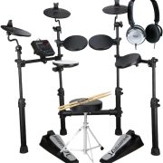 Kit bateria eletrônica Odery Carlsbro CSD100 completo com banco, baquetas e fone de ouvido preto.