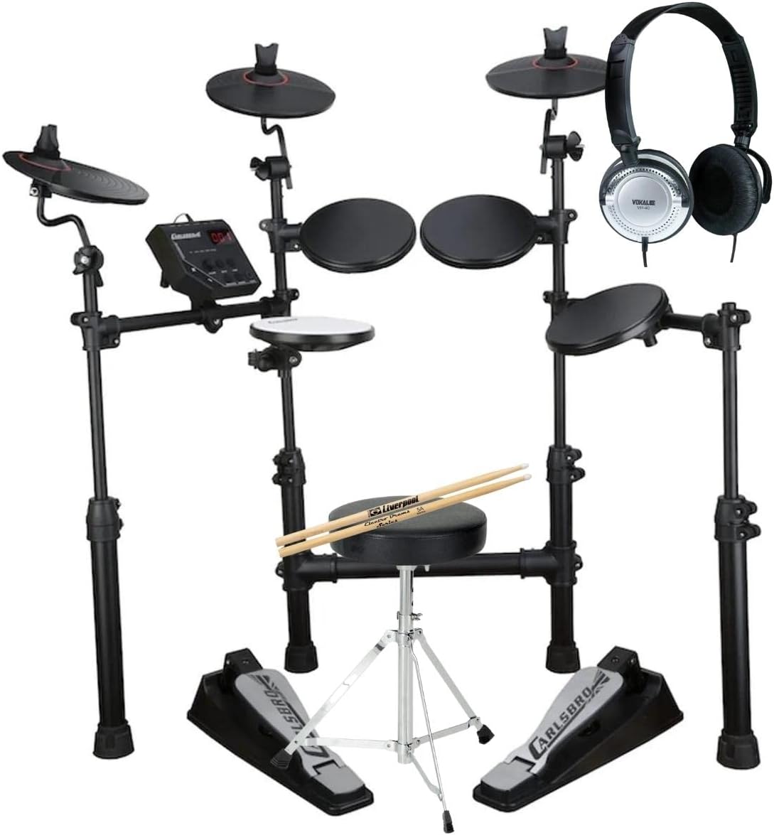 Kit bateria eletrônica Odery Carlsbro CSD100 completo com banco, baquetas e fone de ouvido preto.