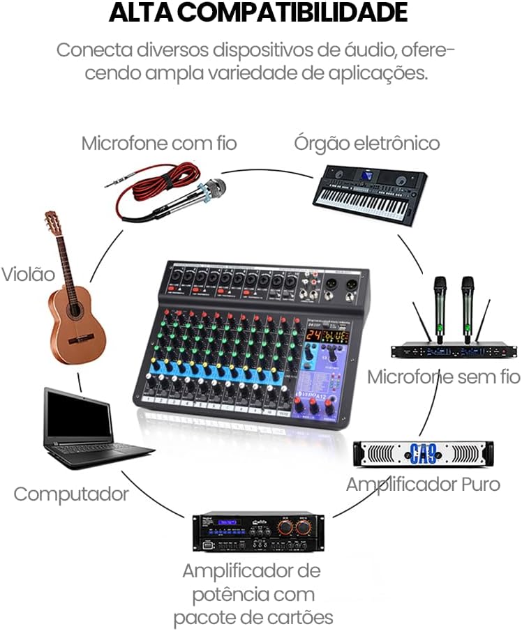 Mesa de som VEDO A12 compatível com microfone, órgão, amplificador, computador e microfone sem fio