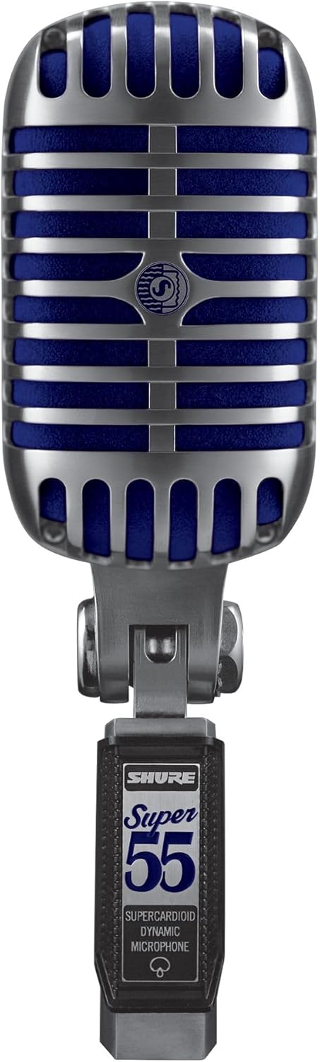 Microfone Shure Super55 dinâmico para voz com design vintage prata e azul