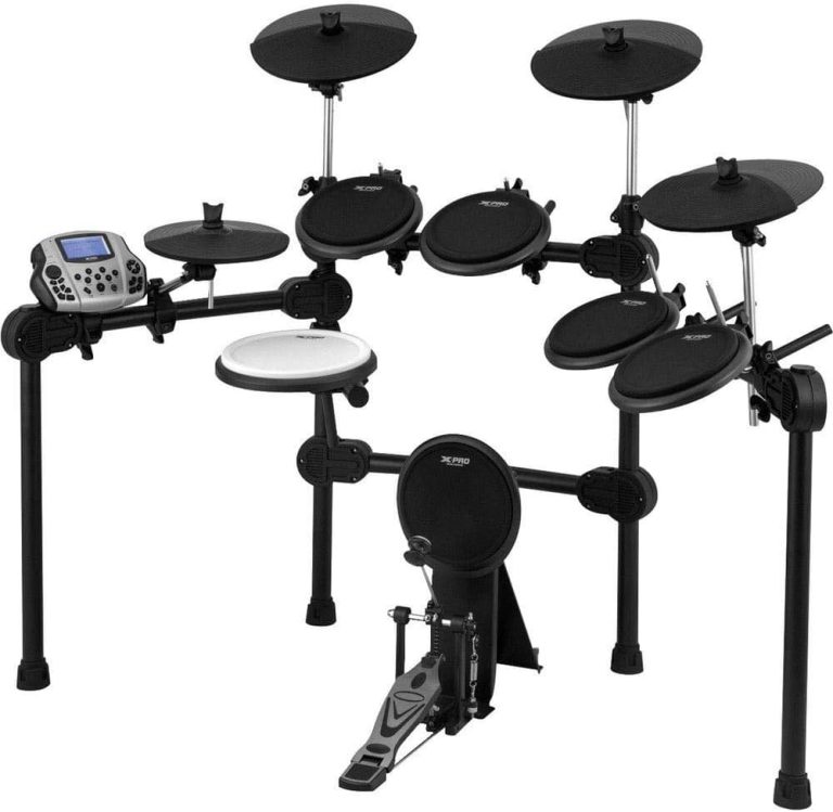 Bateria eletrônica Ibanez ED100 com múltiplos pads pretos e módulo de controle com display azul