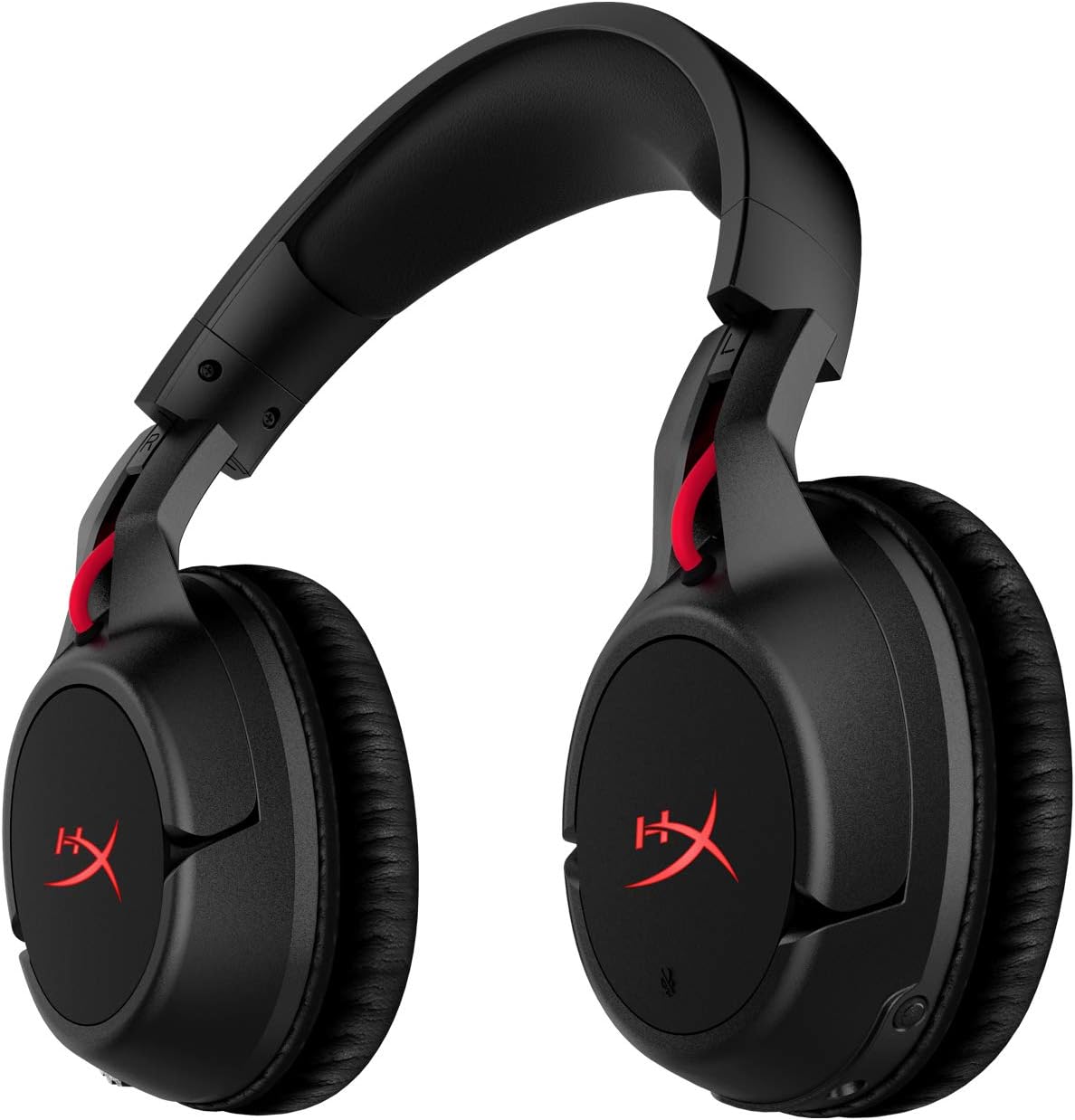 Fone de ouvido gamer HyperX Cloud Flight Wireless preto vista lateral direita com logo vermelho
