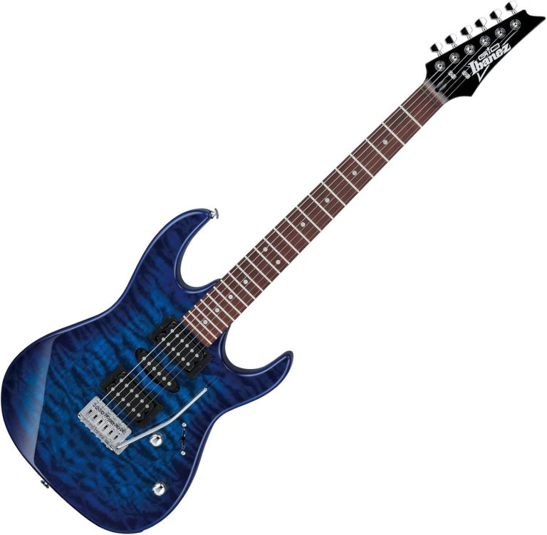 Guitarra elétrica Ibanez GRX70QA-TBB azul explosão transparente corpo flame maple com captadores H-S-H e braço maple com escala rosewood.
