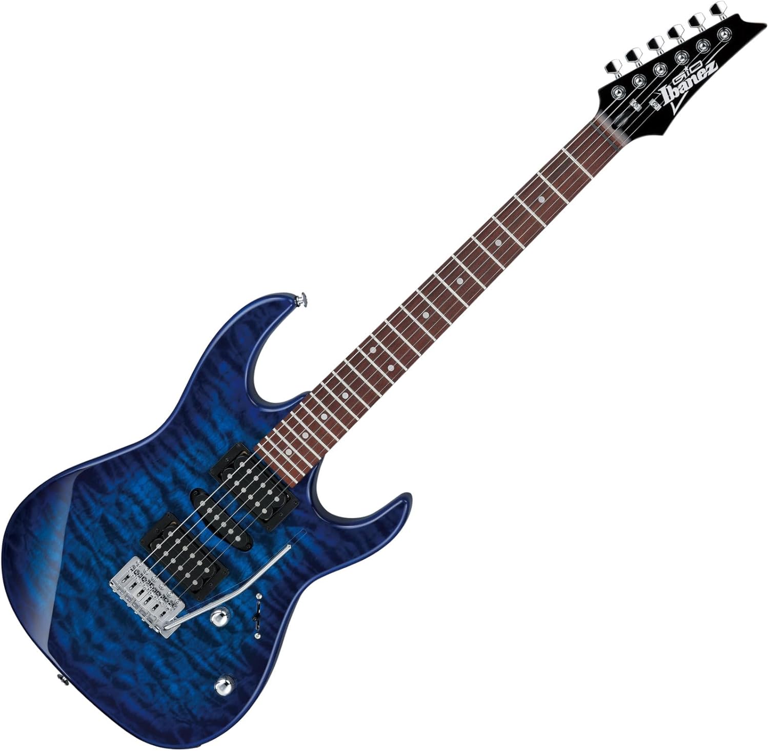 Guitarra elétrica Ibanez GRX70QA-TBB azul explosão transparente corpo flame maple com captadores H-S-H e braço maple com escala rosewood.