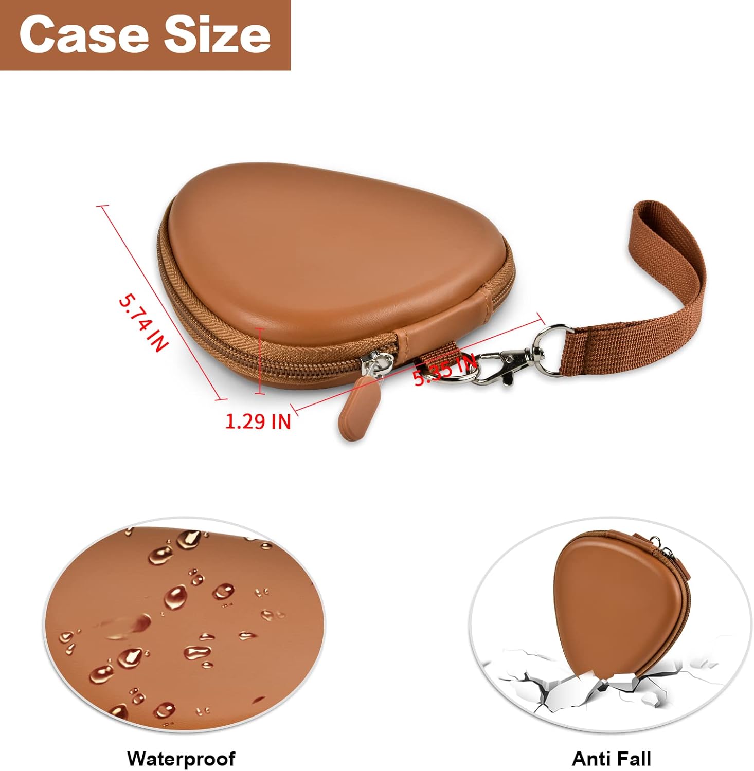 Estojo triangular marrom para guitarra com medidas, impermeável e resistente a quedas, com zíper reforçado e alça destacável.