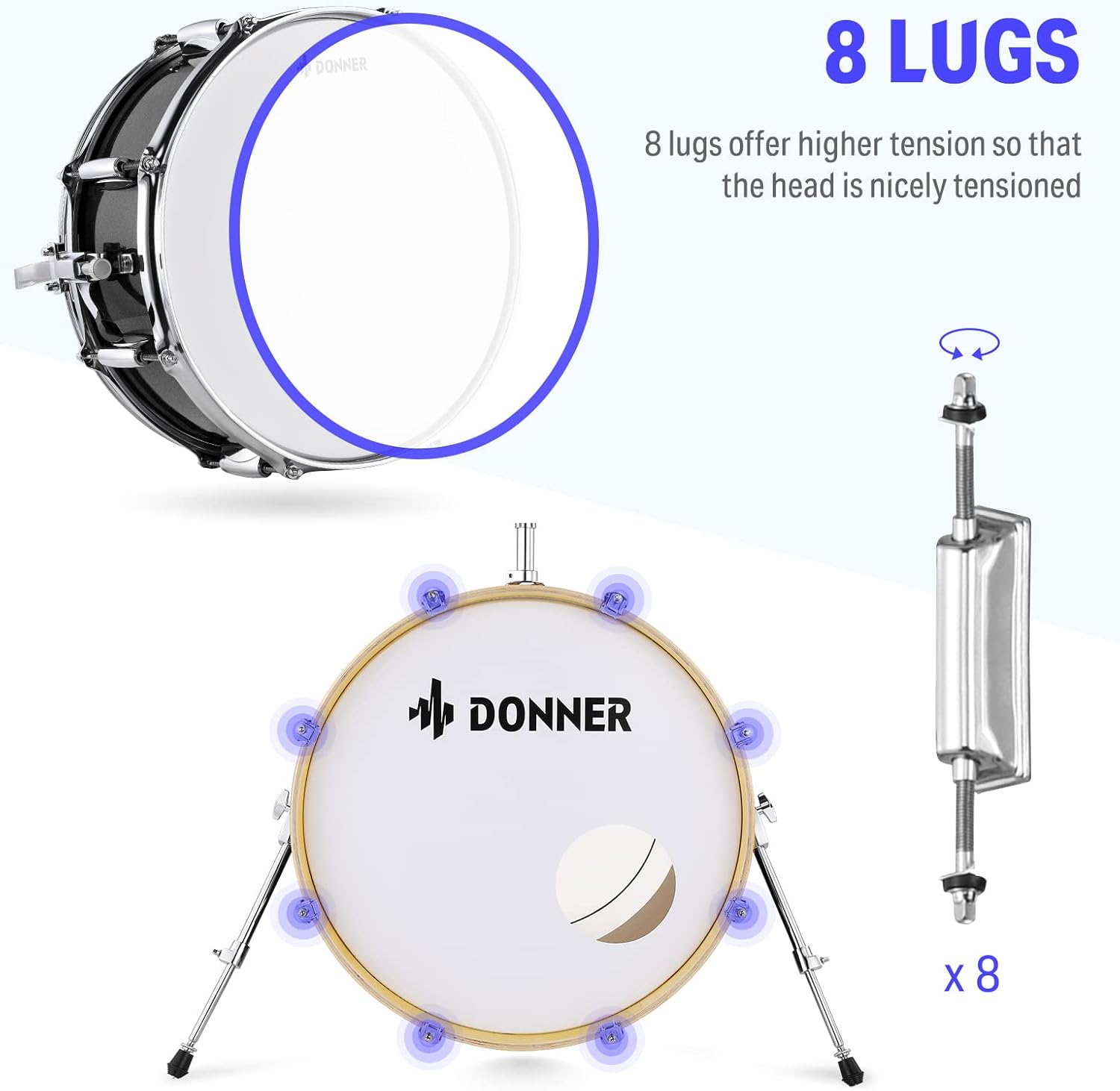 Sistema com 8 afinadores para alta tensão da pele da bateria Donner.
