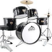 EASTROCK bateria acústica infantil 5 peças preta para crianças com banco e pedais
