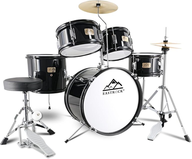 EASTROCK bateria acústica infantil 5 peças preta para crianças com banco e pedais