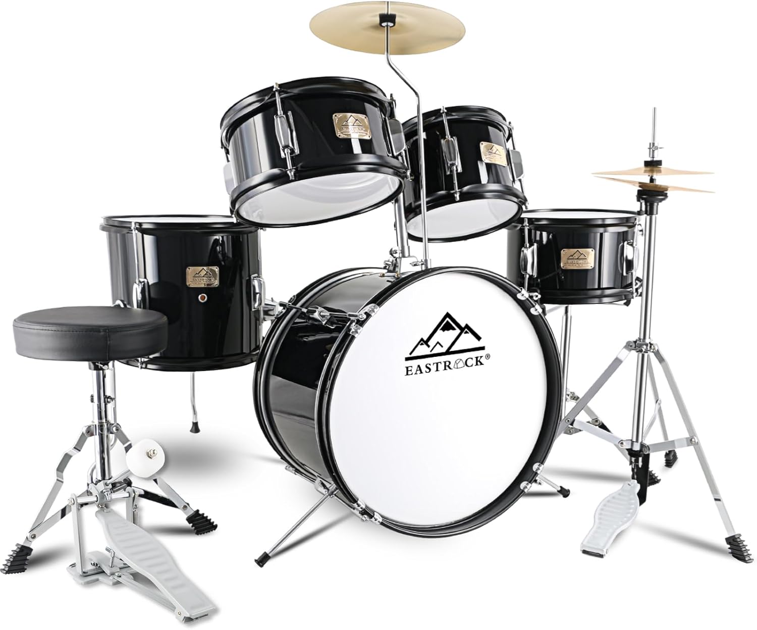 EASTROCK bateria acústica infantil 5 peças preta para crianças com banco e pedais