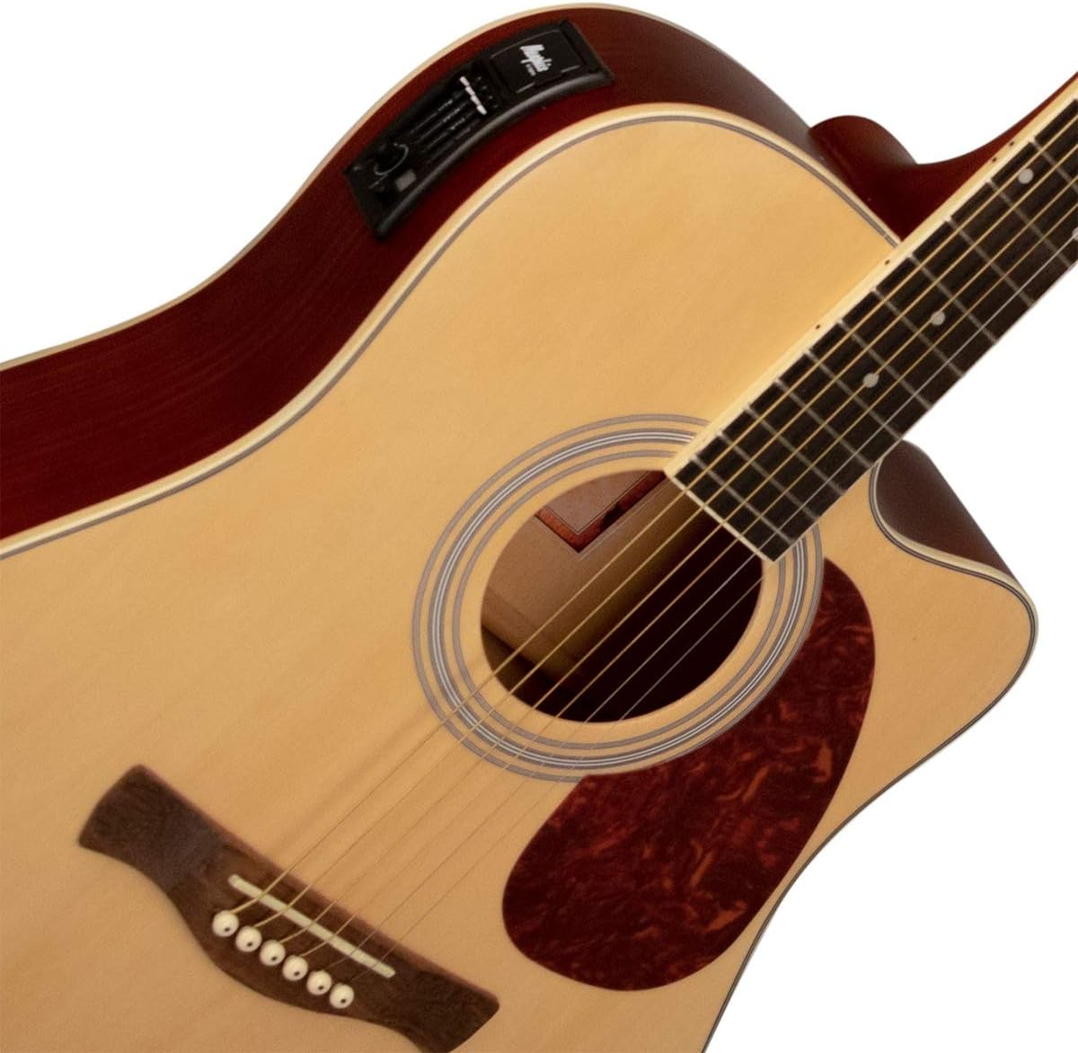 Detalhe do tampo do violão eletroacústico Tagima MD-18 Memphis natural satin com captador e controle lateral