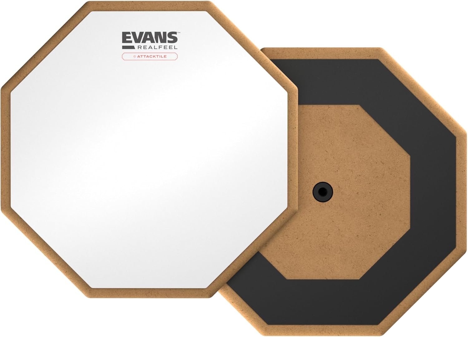 Dois pads Evans RealFeel Attacktile para bateria, um mostrando frente branca e outro a base preta e bege.