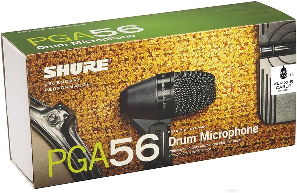 Embalagem do microfone Shure PGA56 para bateria com destaque ao cabo XLR incluso
