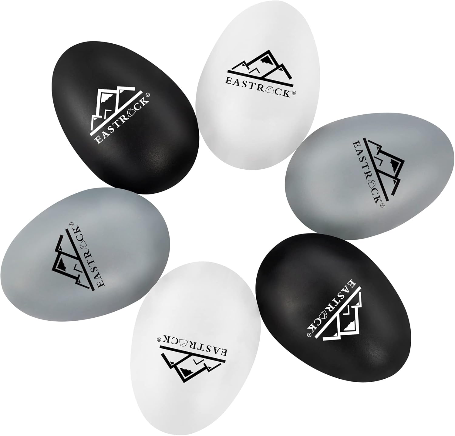 Conjunto EastRock com 6 coqueteleiras coloridas para percussão em ABS nas cores preto, branco e cinza.