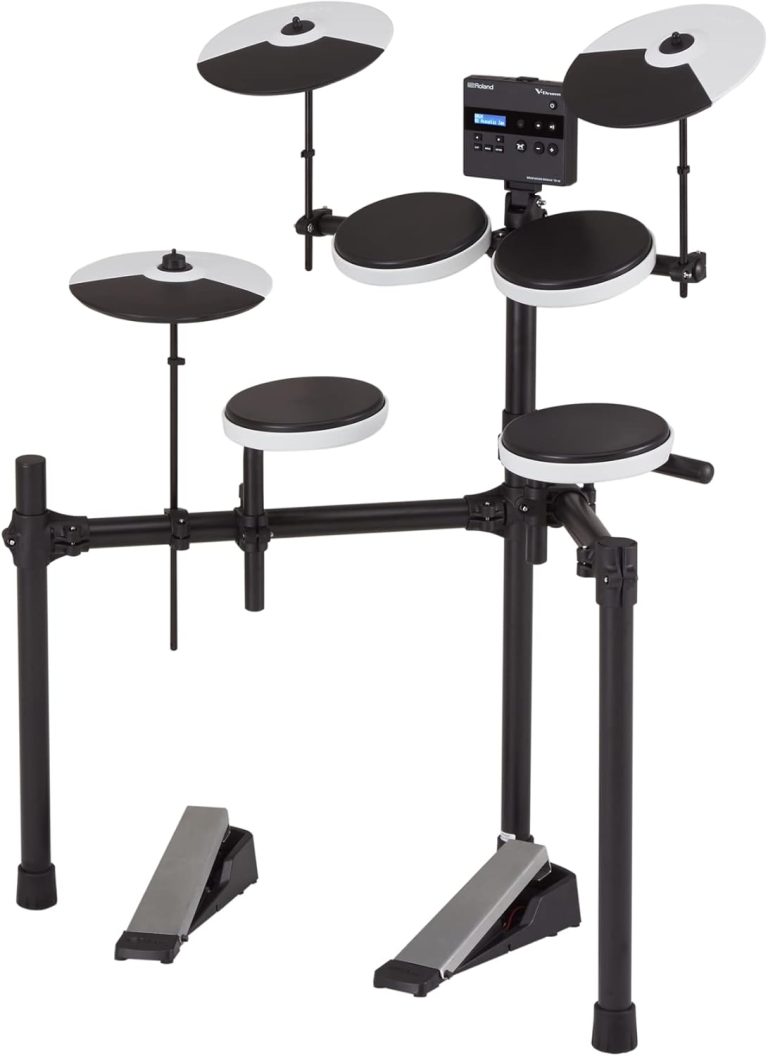 Bateria eletrônica Roland TD-02K V-Drums compacta com módulo digital, pads para tom, caixa, pratos e pedais ajustáveis.
