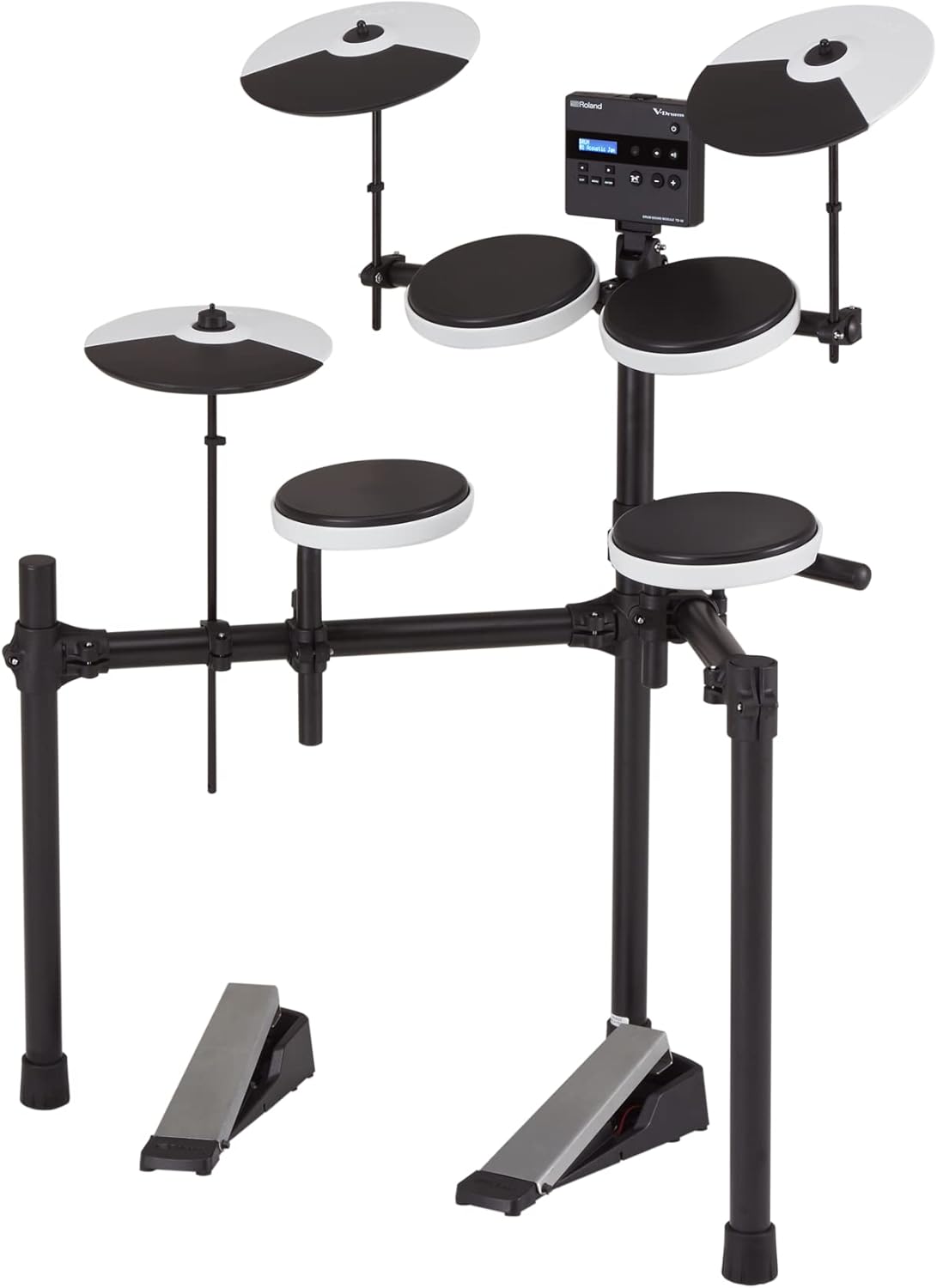 Bateria eletrônica Roland TD-02K V-Drums compacta com módulo digital, pads para tom, caixa, pratos e pedais ajustáveis.