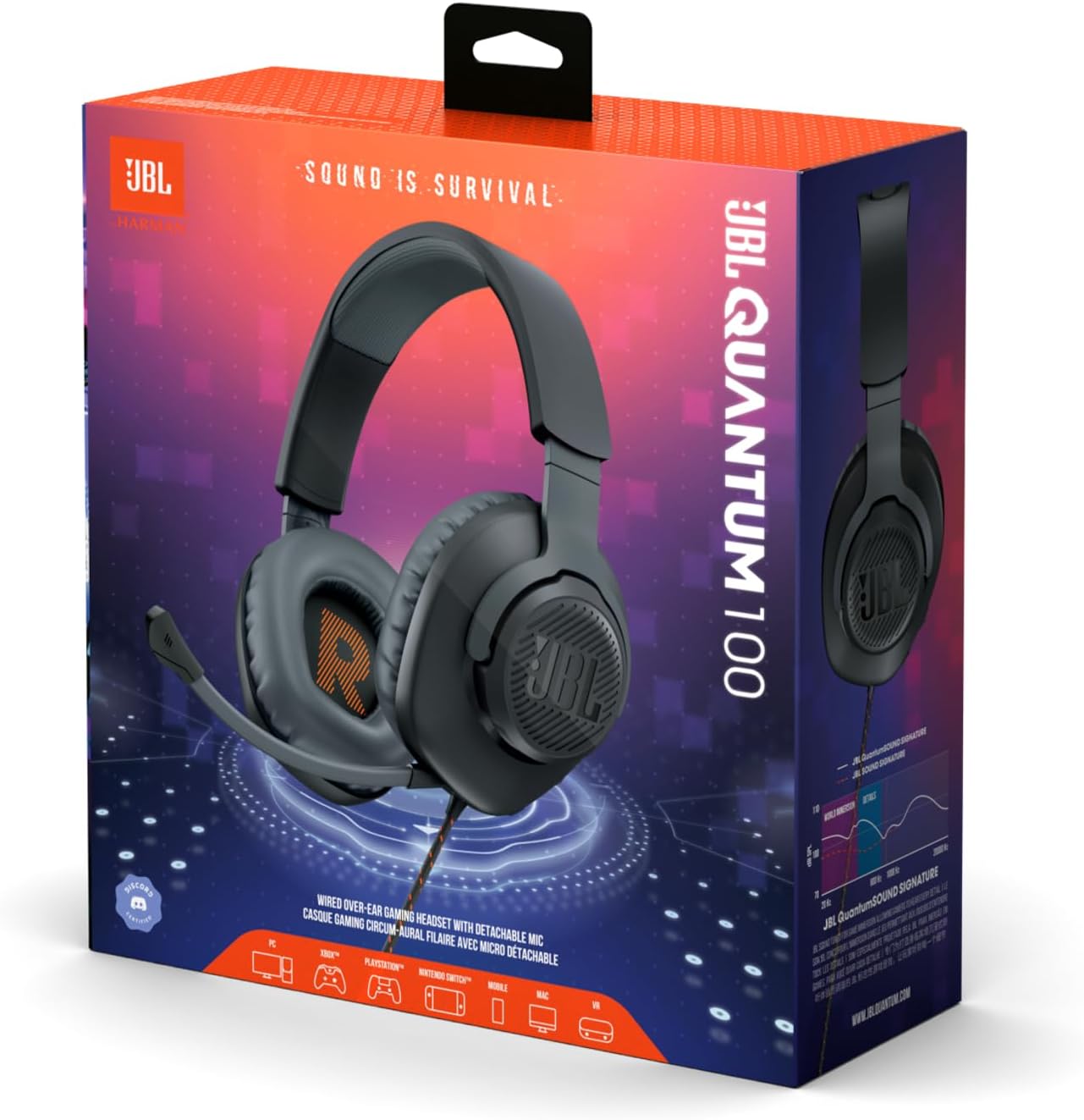 Embalagem colorida do headset gamer JBL Quantum 100 mostrando compatibilidade com múltiplas plataformas
