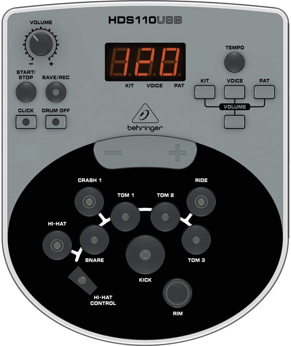 Detalhe frontal do módulo Behringer HDS110USB para bateria eletrônica com display e controles de som.