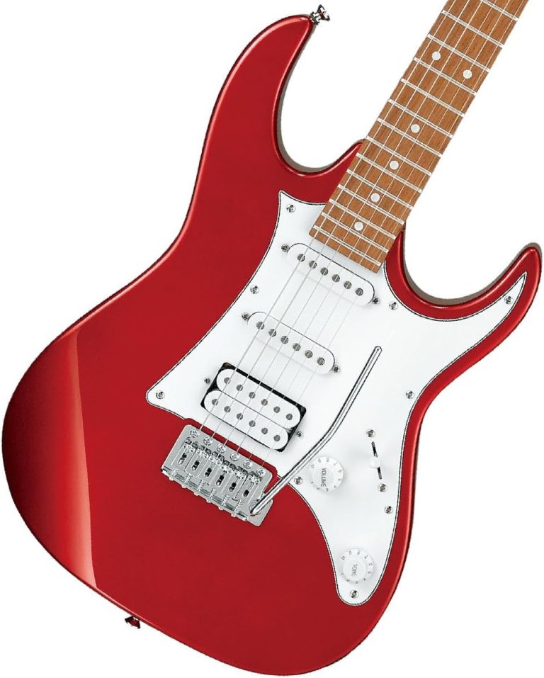 Ibanez Gio GRX40 Guitarra elétrica corpo sólido vermelha candy apple com captadores brancos e humbucker.