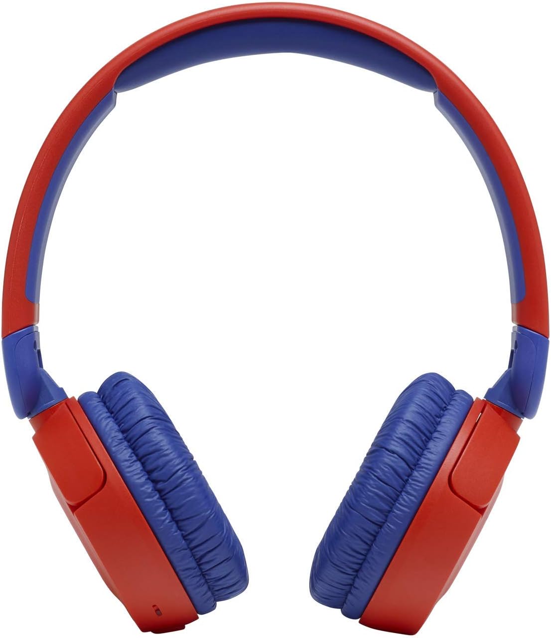 Fone de ouvido infantil JBL JR310BT vermelho com azul, dobrável e com controles de Bluetooth.