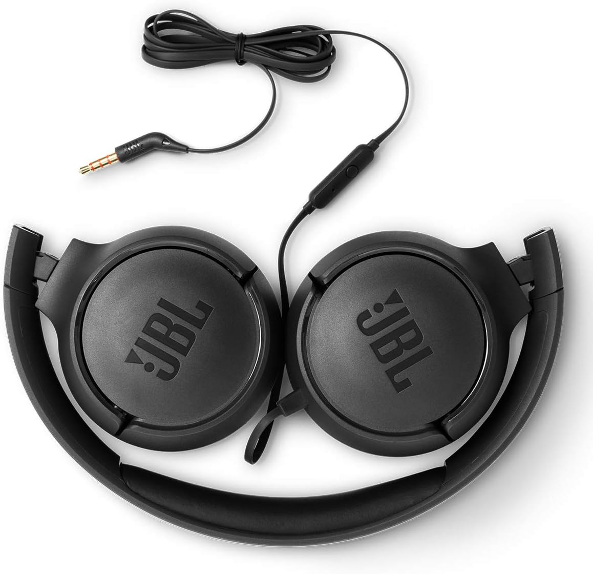 Fone JBL Tune 500 preto com fio dobrado compacto para transporte