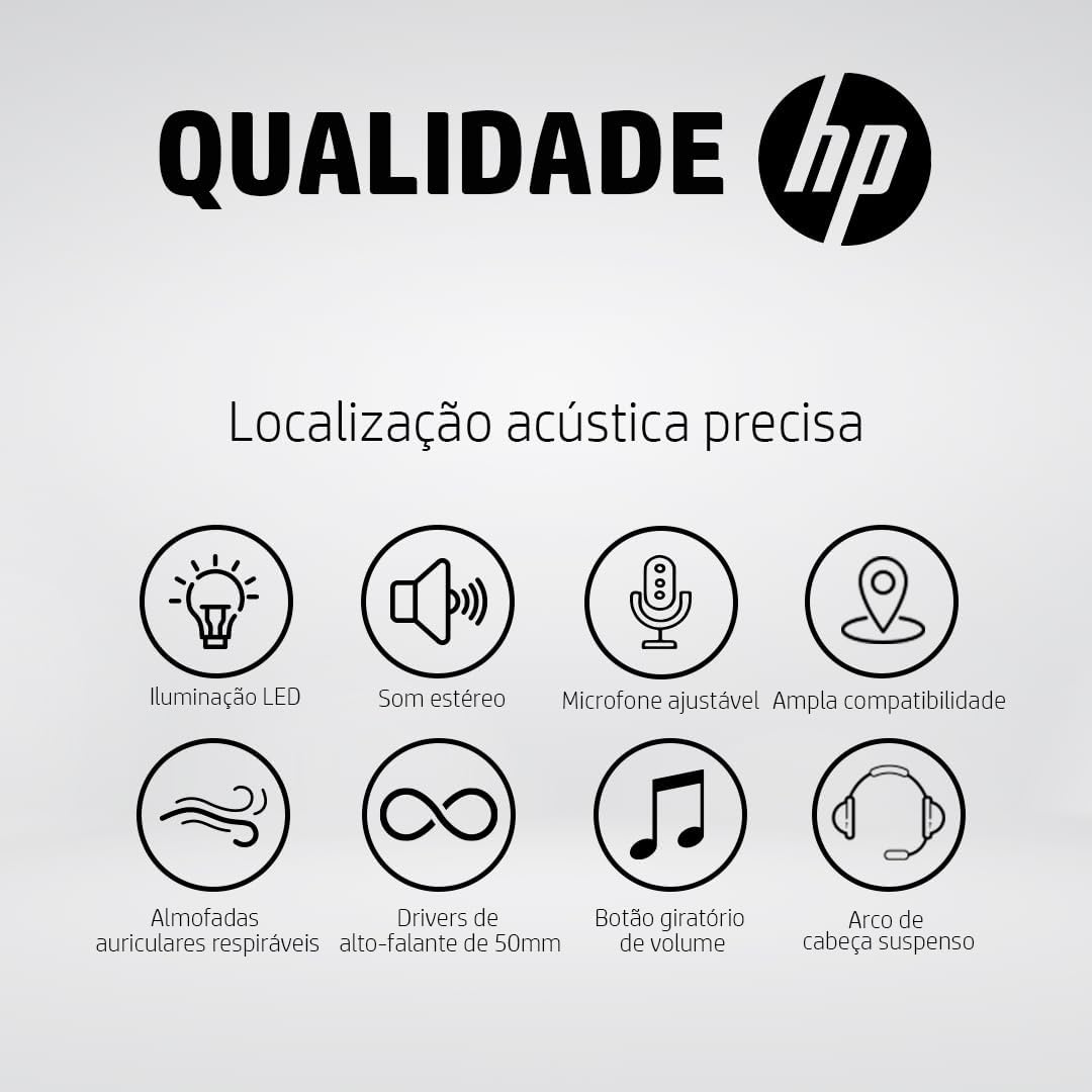 Características do Headset Gamer HP H500GS como iluminação LED, som estéreo e microfone ajustável